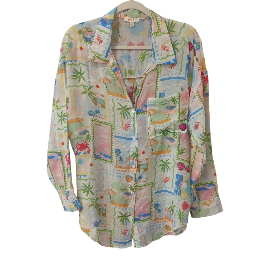 Tropical Print Button-Up Shirt Vacation Beach Shells Resort size Large